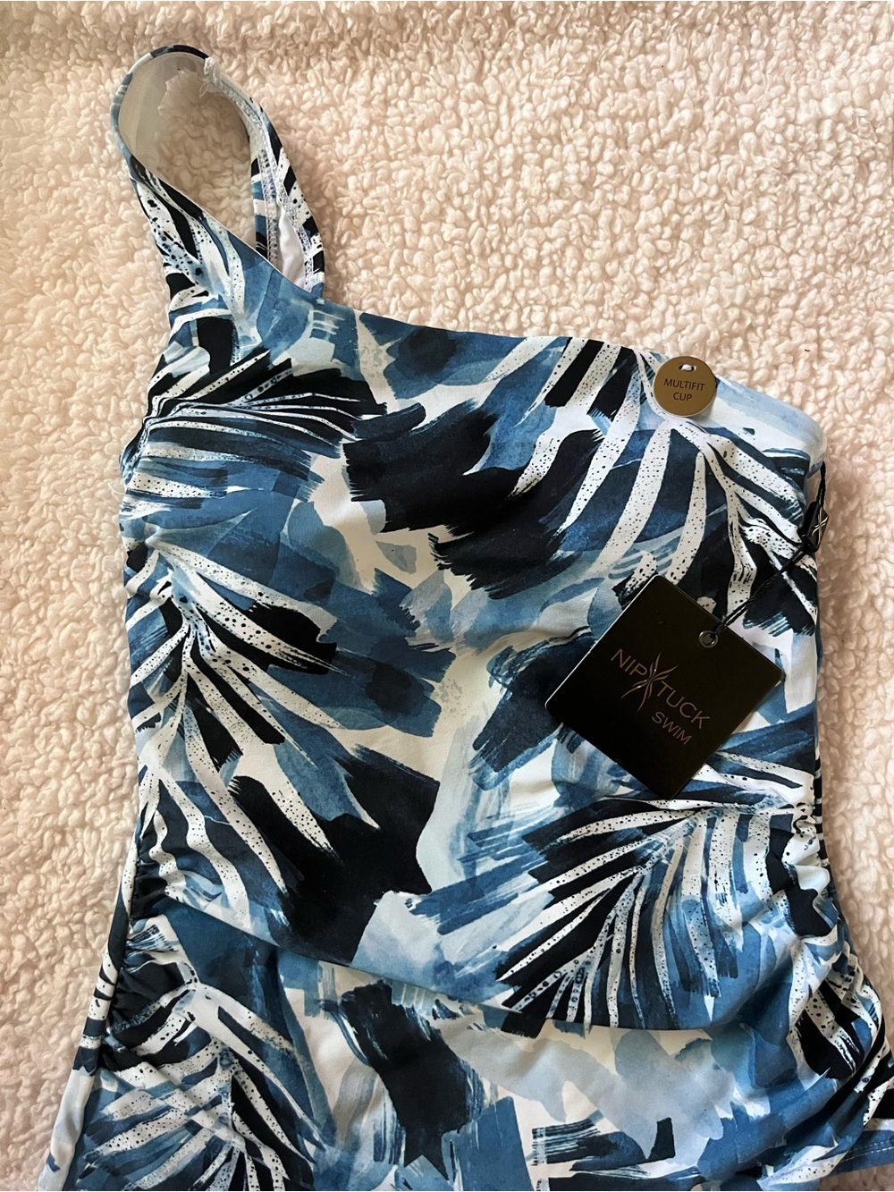 Nip Tuck Swim One-Shoulder Blue Palm Print One-Piece Swimsuit